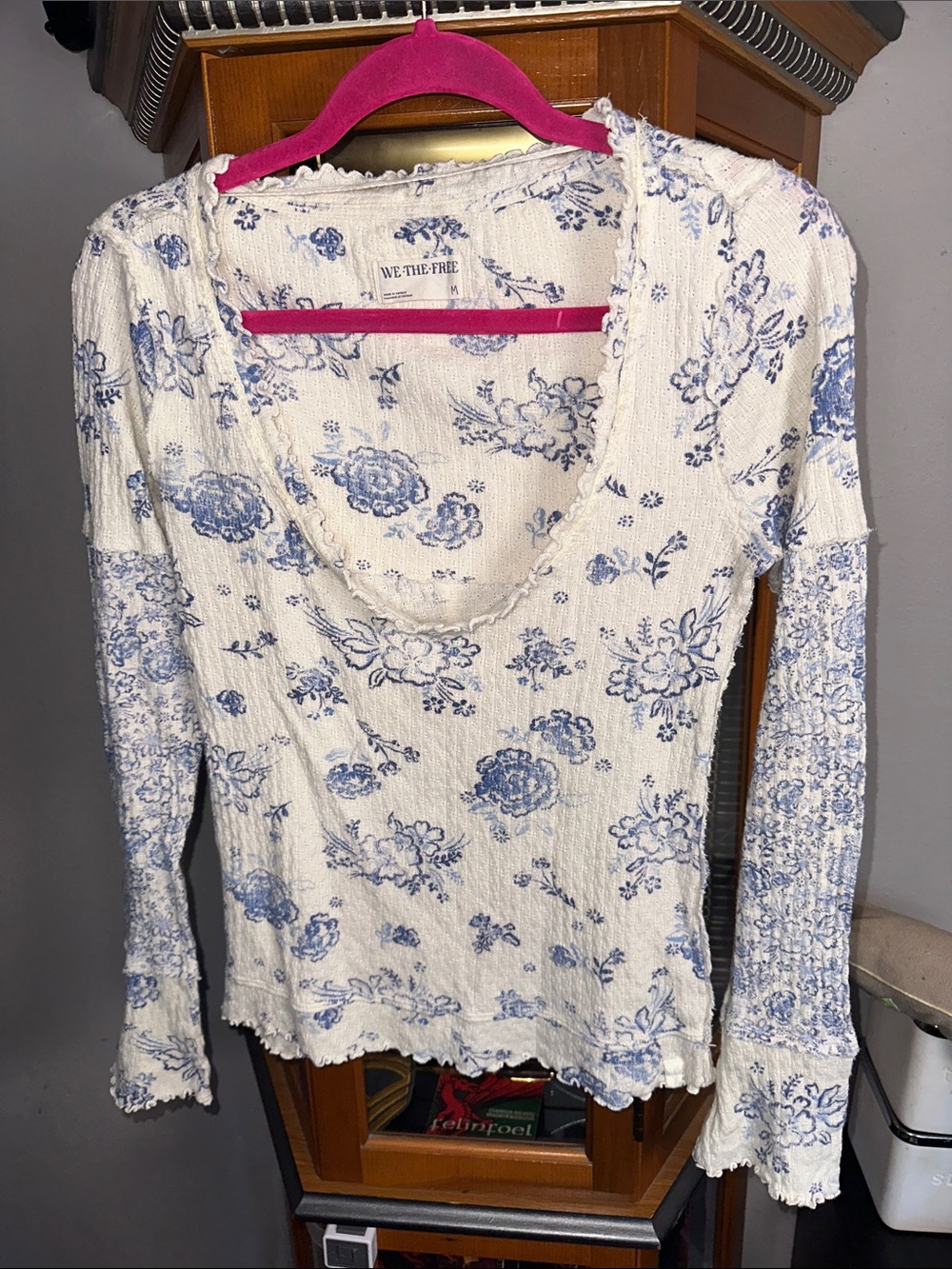 We The Free Cream Top with Blue Floral Print - Long Sleeve Scoop Neck